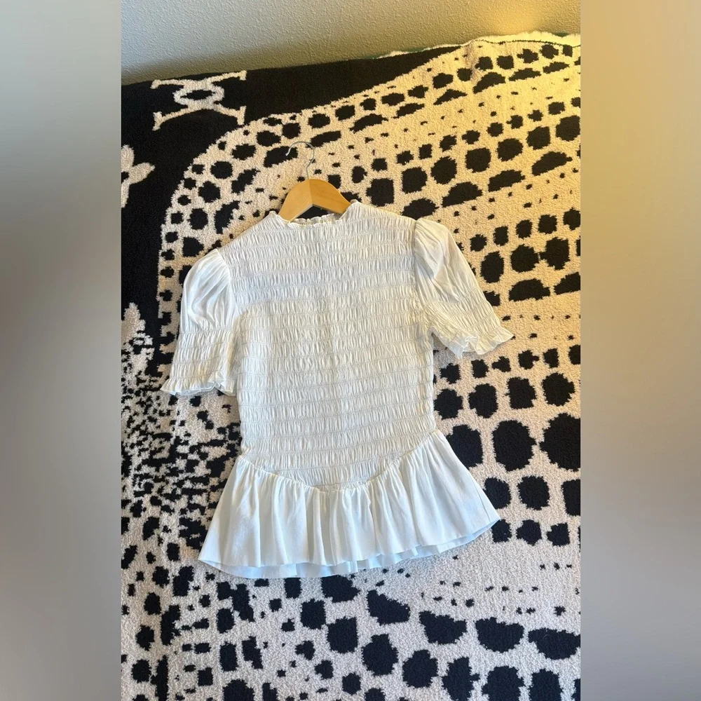 Reformation White Smocked Peplum Puff Sleeve Top
